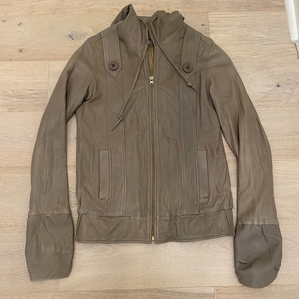Mike & Chris Taupe Grey Leather Hooded Jacket Size Medium. Designer Coat.